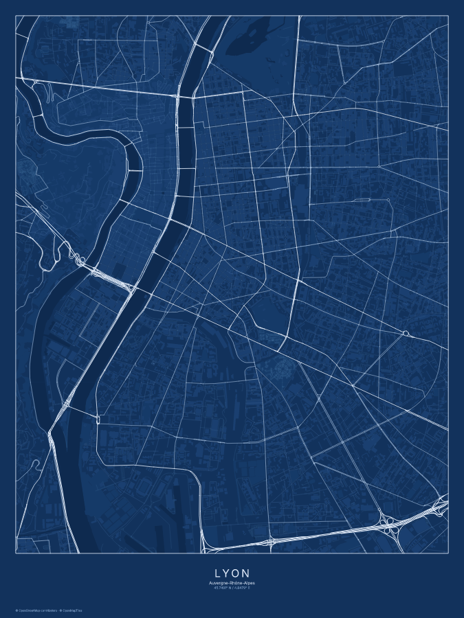 Lyon map poster, blueprint style
