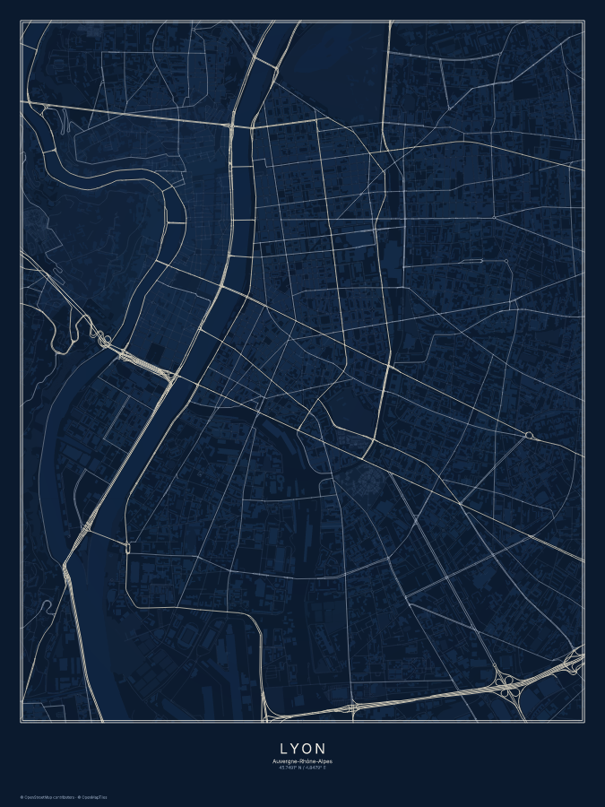 Lyon map poster, midnight style