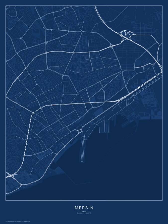 Mersin map poster, blueprint style