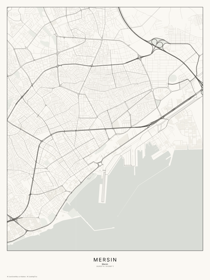 Mersin map poster, classic style