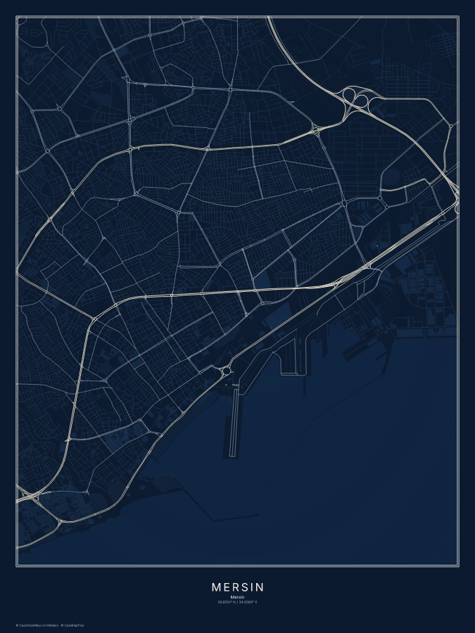 Mersin map poster, midnight style