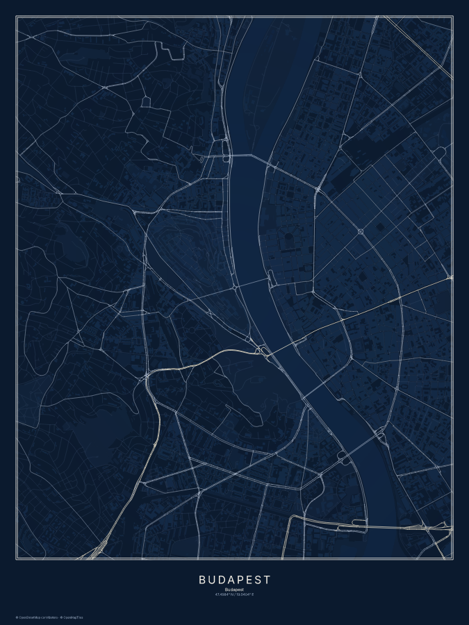 Budapest map poster, midnight style