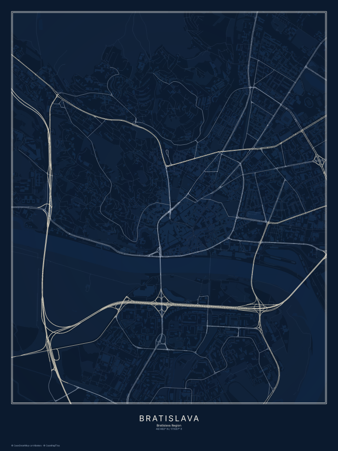 Bratislava map poster, midnight style