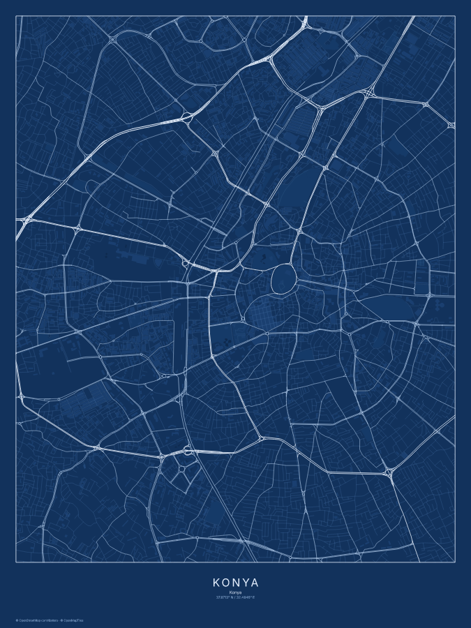 Konya map poster, blueprint style