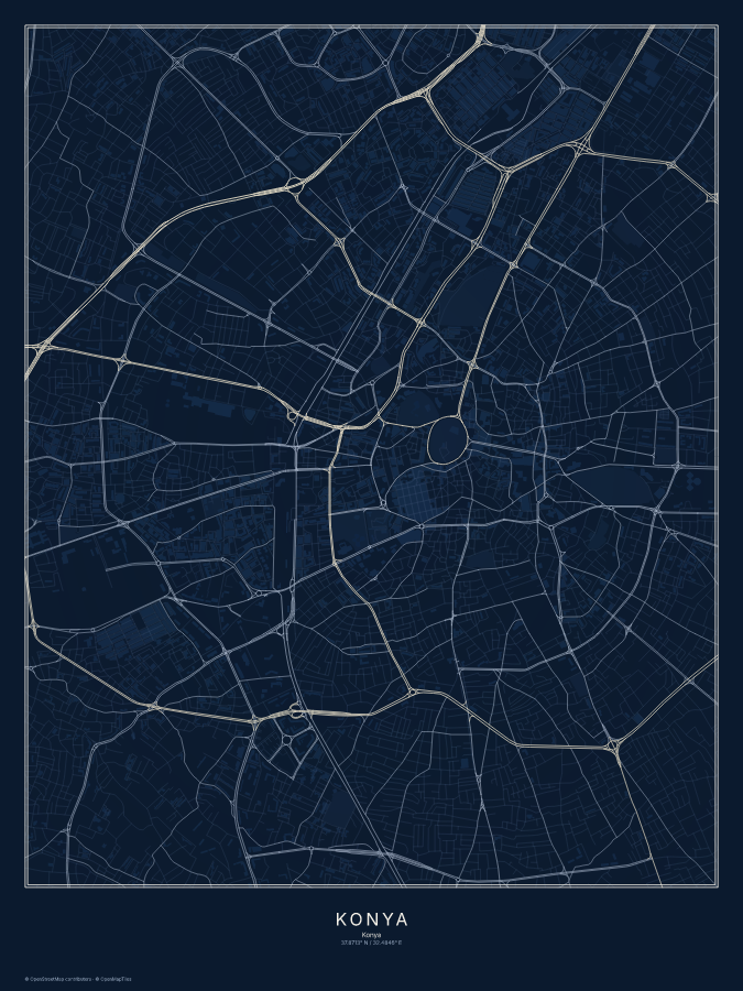 Konya map poster, midnight style
