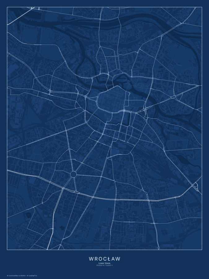 Wrocław map poster, blueprint style
