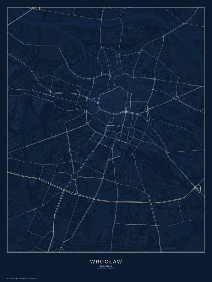 Wrocław map poster, midnight style