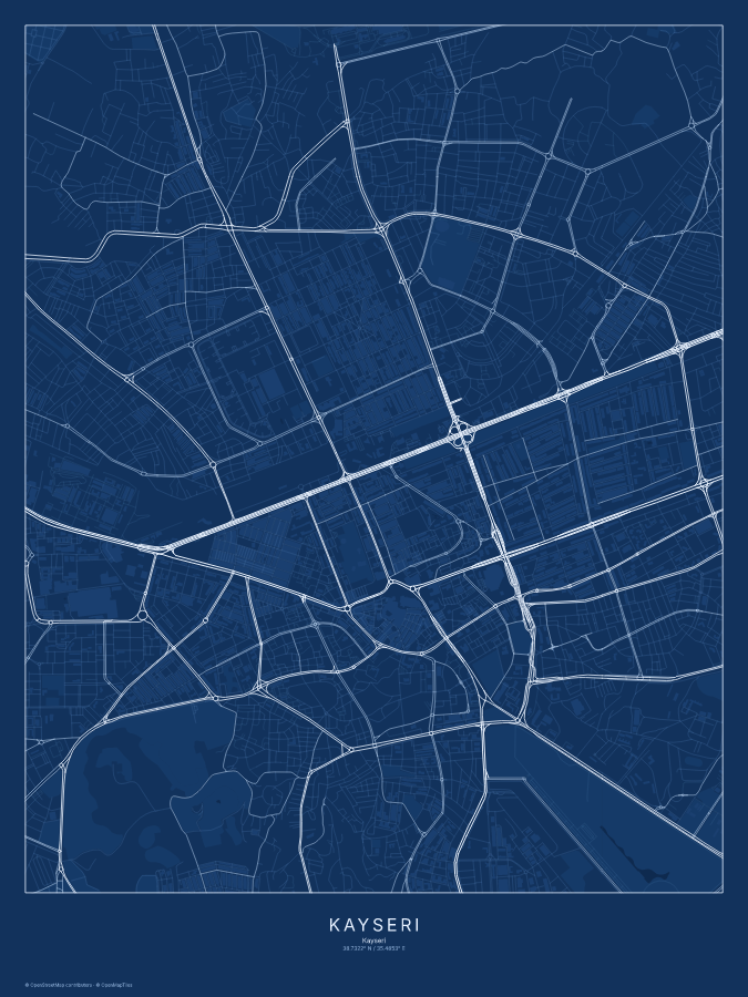 Kayseri map poster, blueprint style