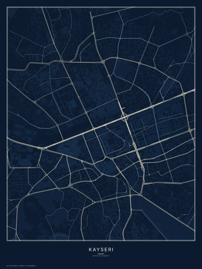 Kayseri map poster, midnight style