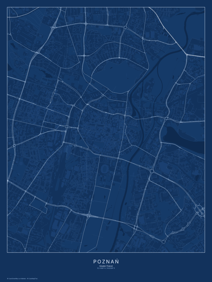 Poznań map poster, blueprint style