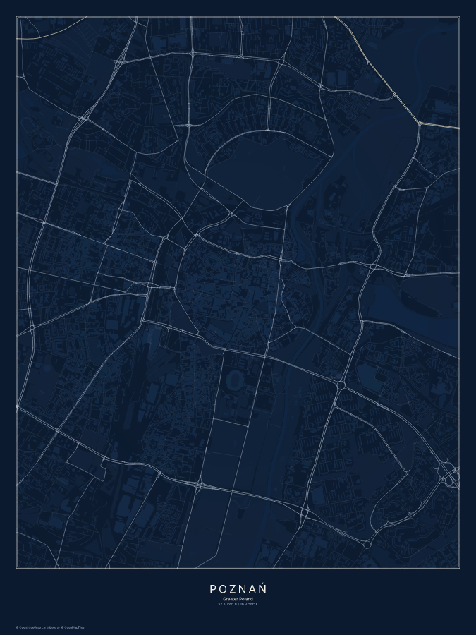 Poznań map poster, midnight style