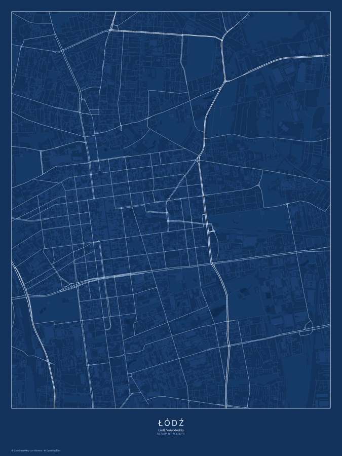 Łódź map poster, blueprint style