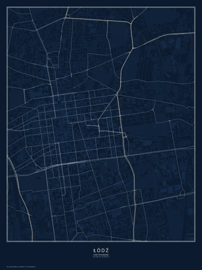 Łódź map poster, midnight style