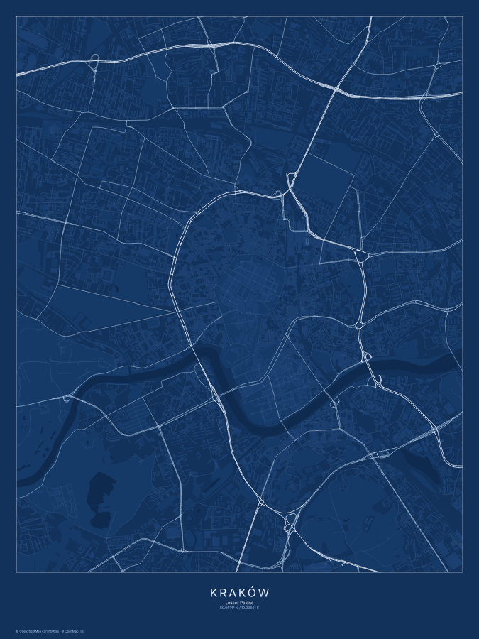 Kraków map poster, blueprint style
