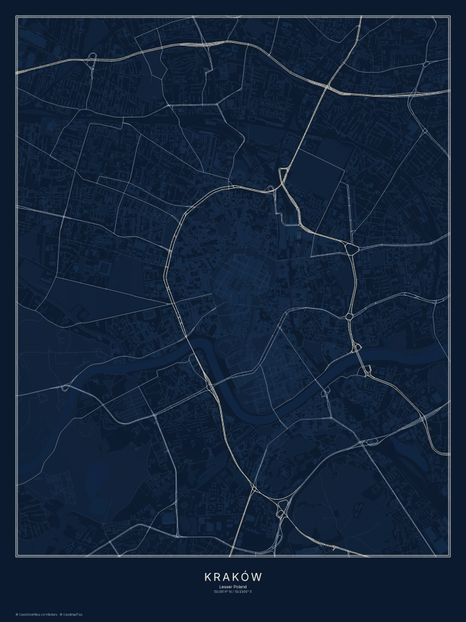 Kraków map poster, midnight style