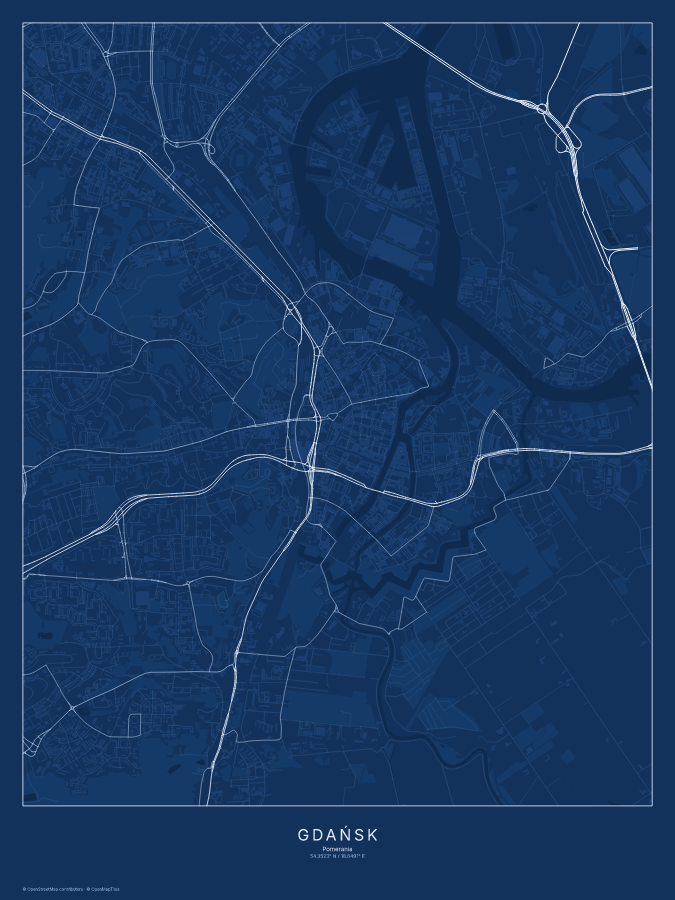 Gdańsk map poster, blueprint style