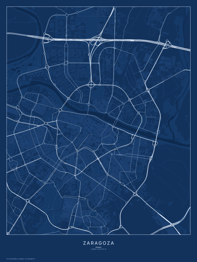 Zaragoza map poster, blueprint style