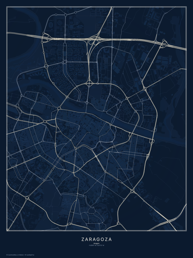 Zaragoza map poster, midnight style