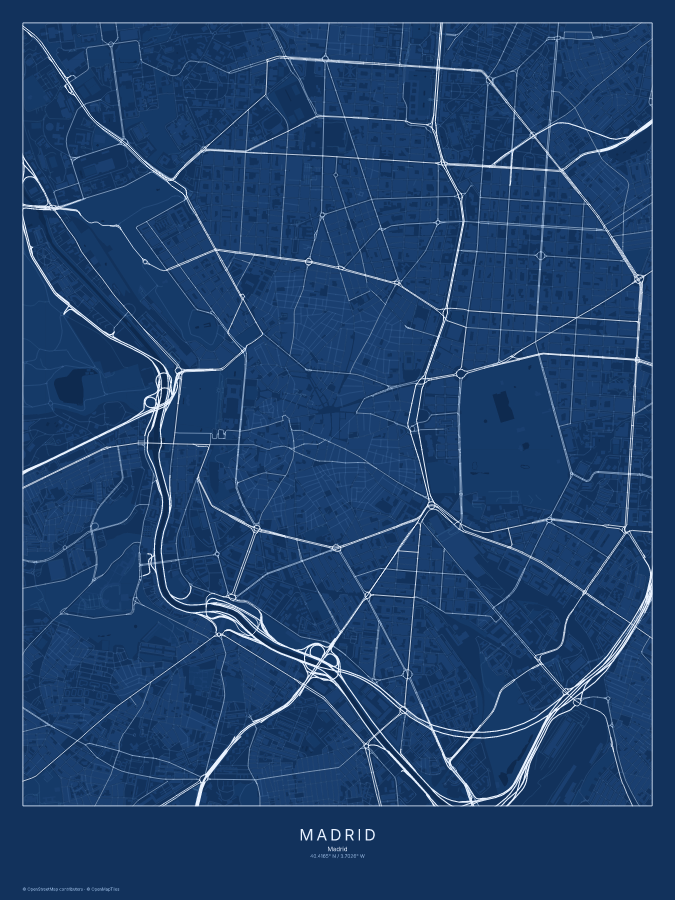 Madrid map poster, blueprint style