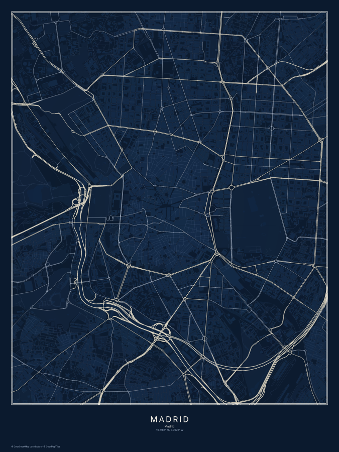 Madrid map poster, midnight style