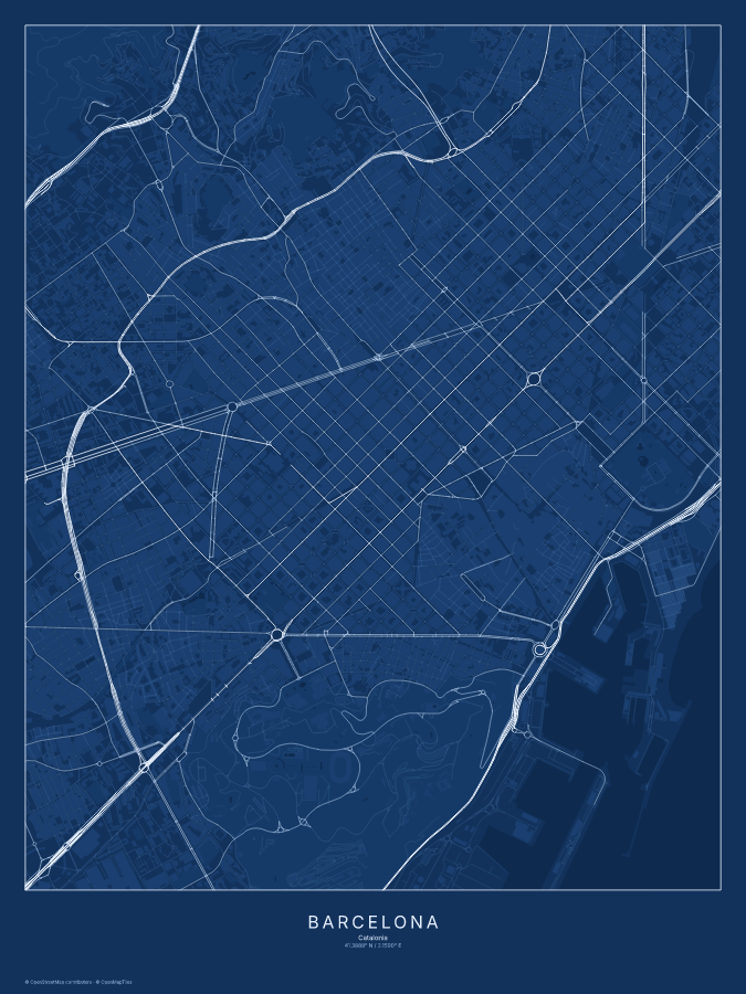 Barcelona map poster, blueprint style