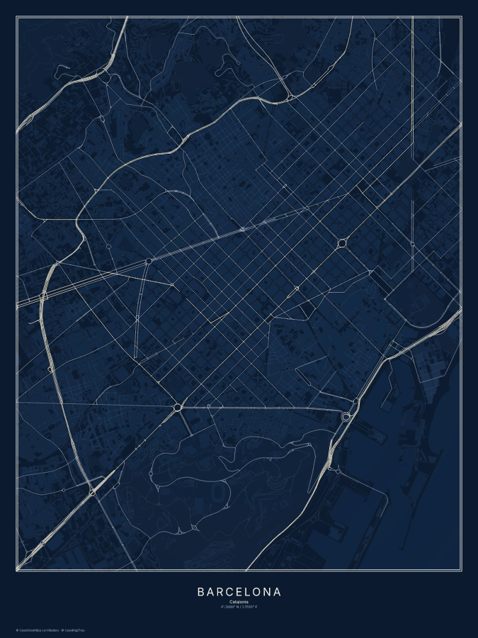 Barcelona map poster, midnight style