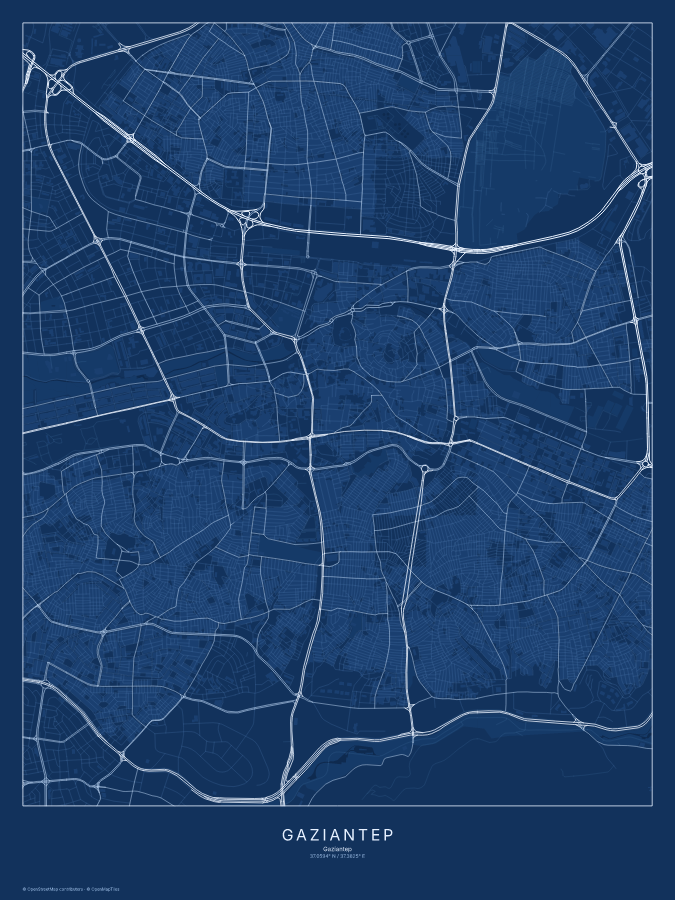 Gaziantep map poster, blueprint style