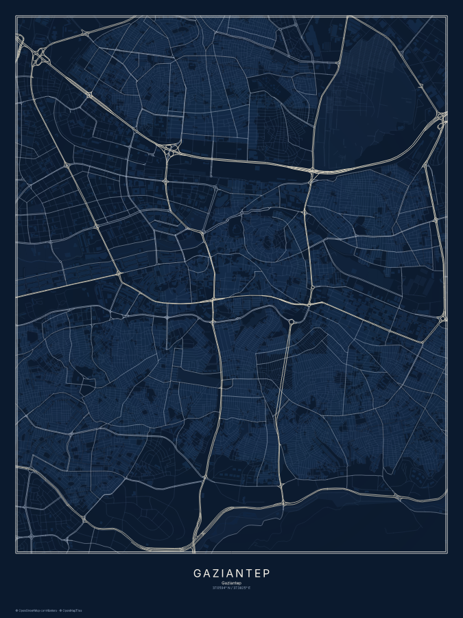 Gaziantep map poster, midnight style