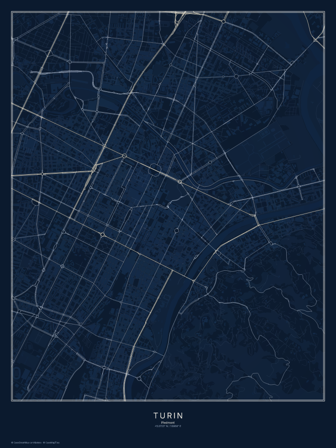 Turin map poster, midnight style