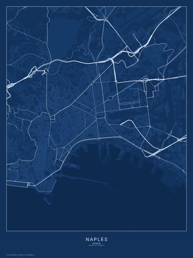 Naples map poster, blueprint style