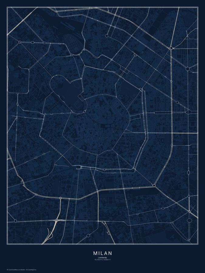 Milan map poster, midnight style