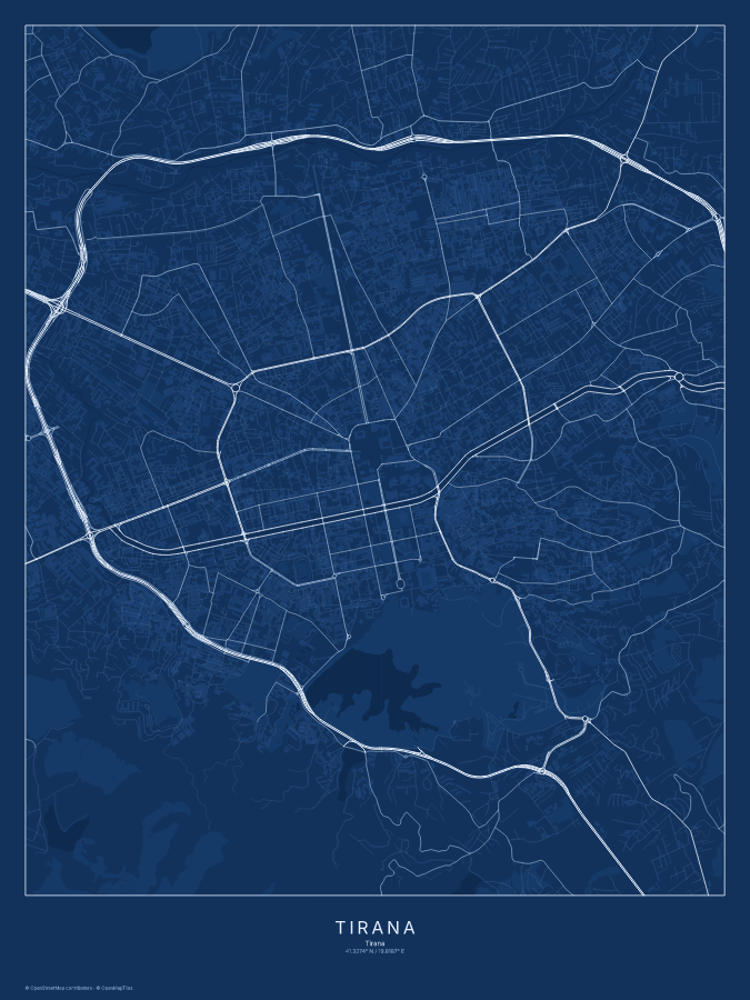 Tirana map poster, blueprint style