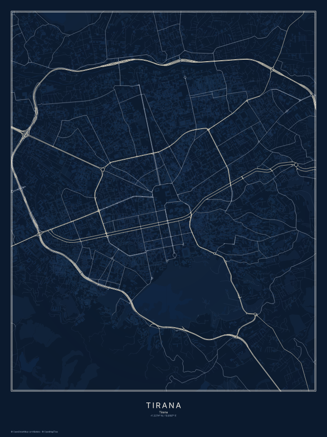 Tirana map poster, midnight style