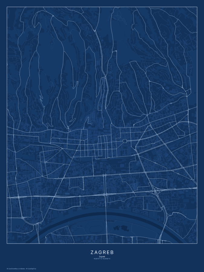 Zagreb map poster, blueprint style