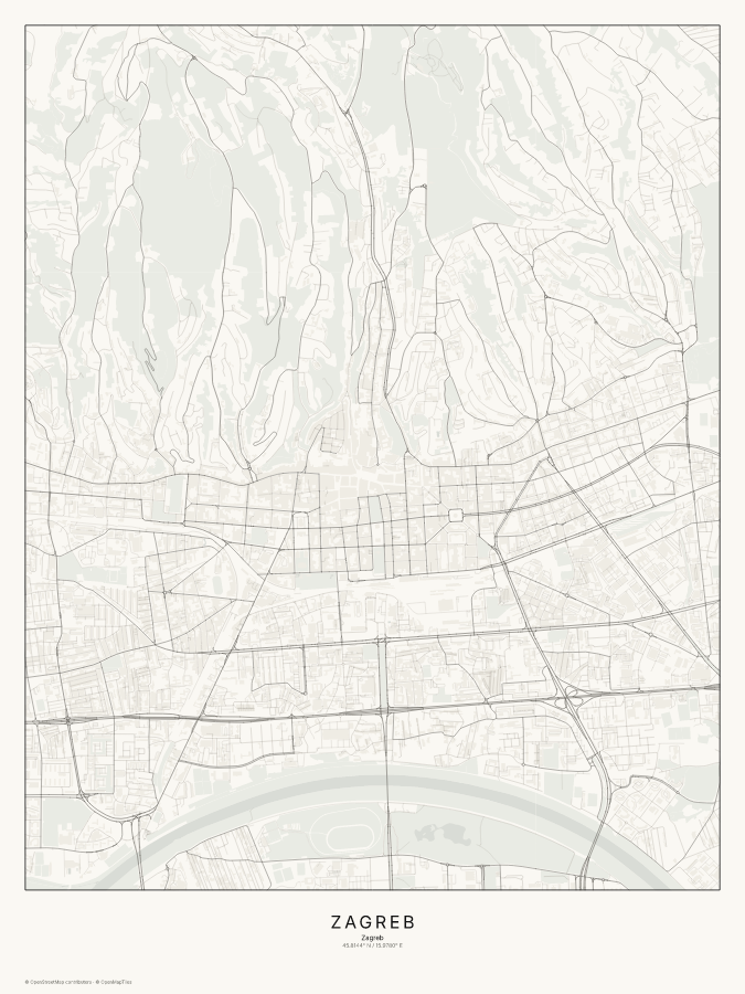 Zagreb map poster, classic style