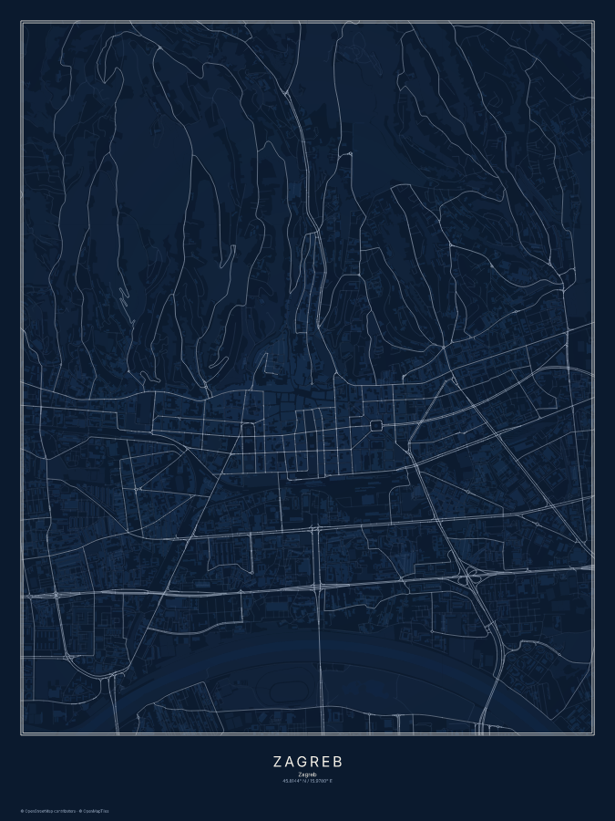Zagreb map poster, midnight style