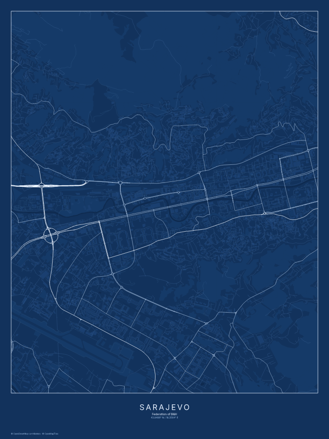 Sarajevo map poster, blueprint style