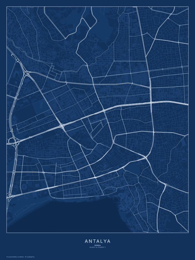 Antalya map poster, blueprint style