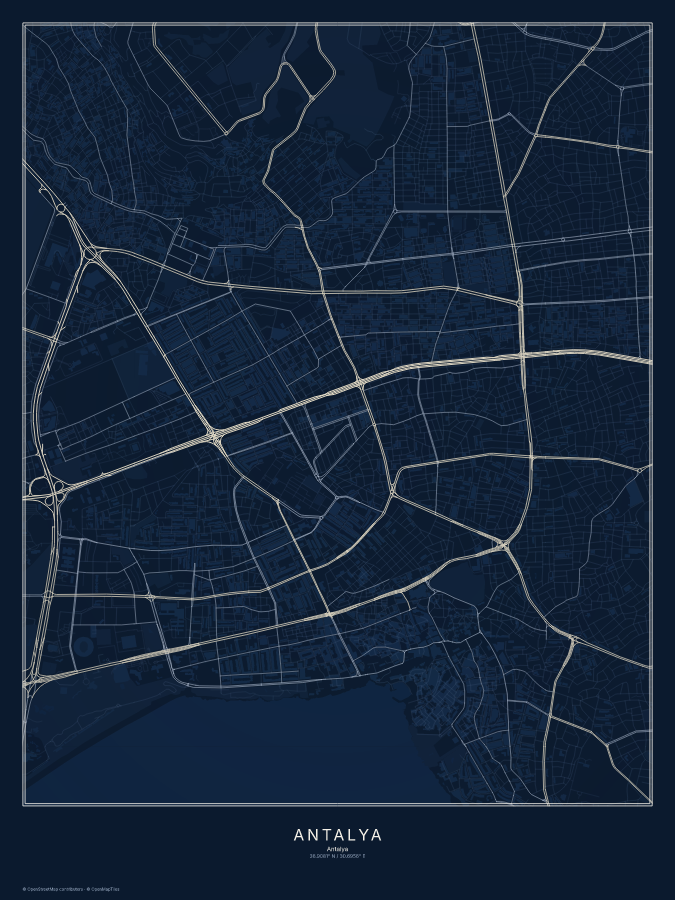 Antalya map poster, midnight style