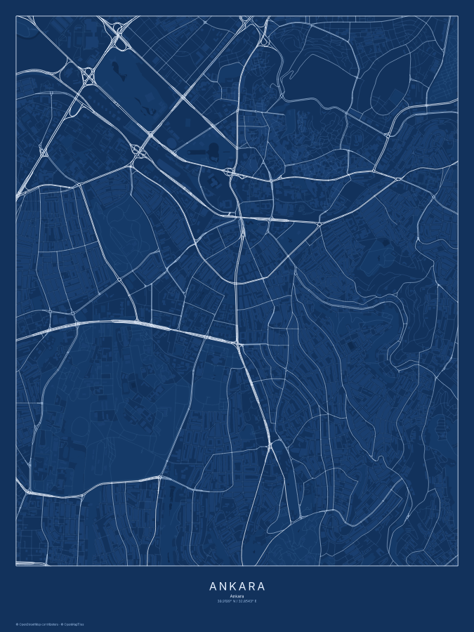 Ankara map poster, blueprint style