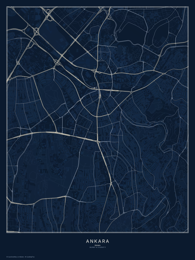 Ankara map poster, midnight style