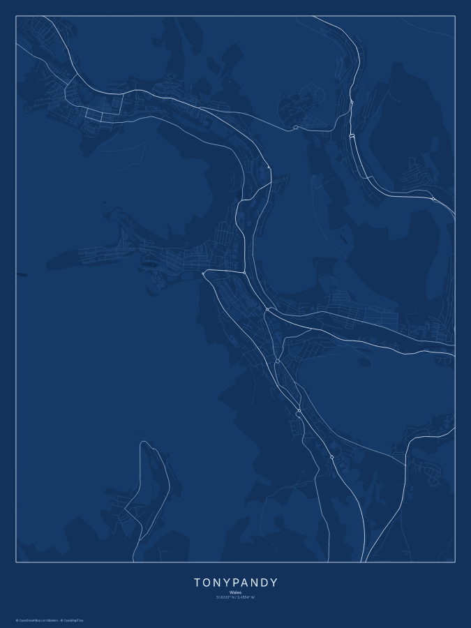 Tonypandy map poster, blueprint style