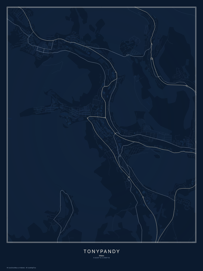 Tonypandy map poster, midnight style