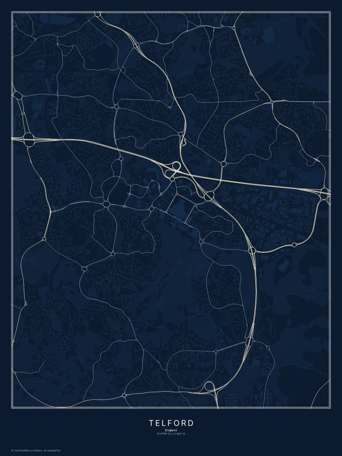 Telford map poster, midnight style