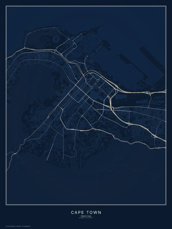 Cape Town map poster, midnight style