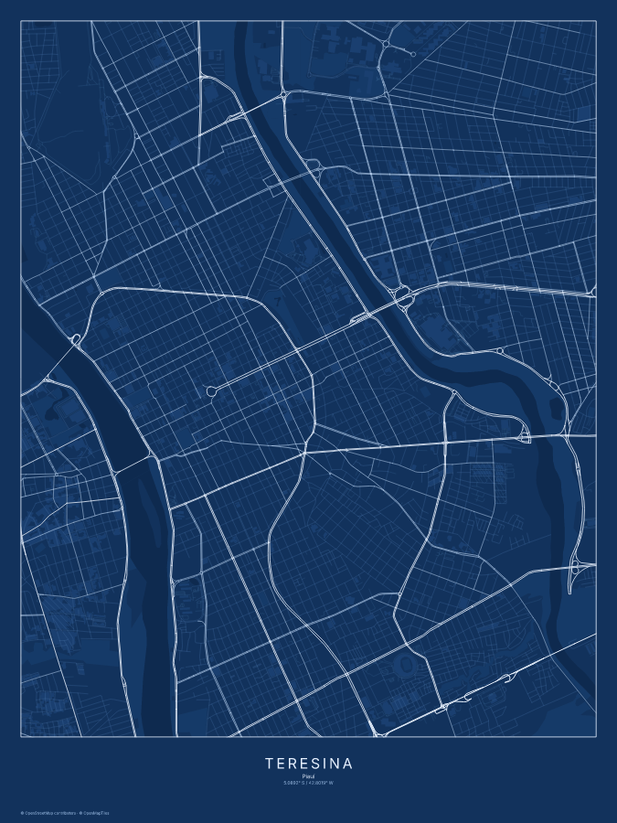 Teresina map poster, blueprint style