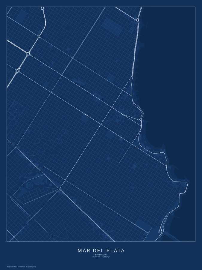 Mar del Plata map poster, blueprint style