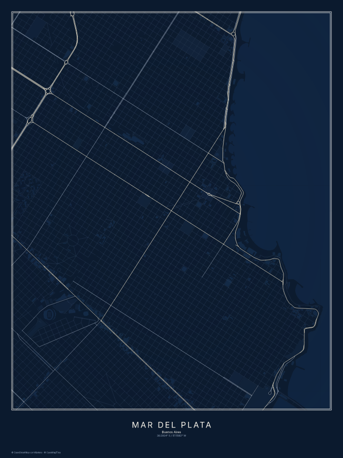 Mar del Plata map poster, midnight style