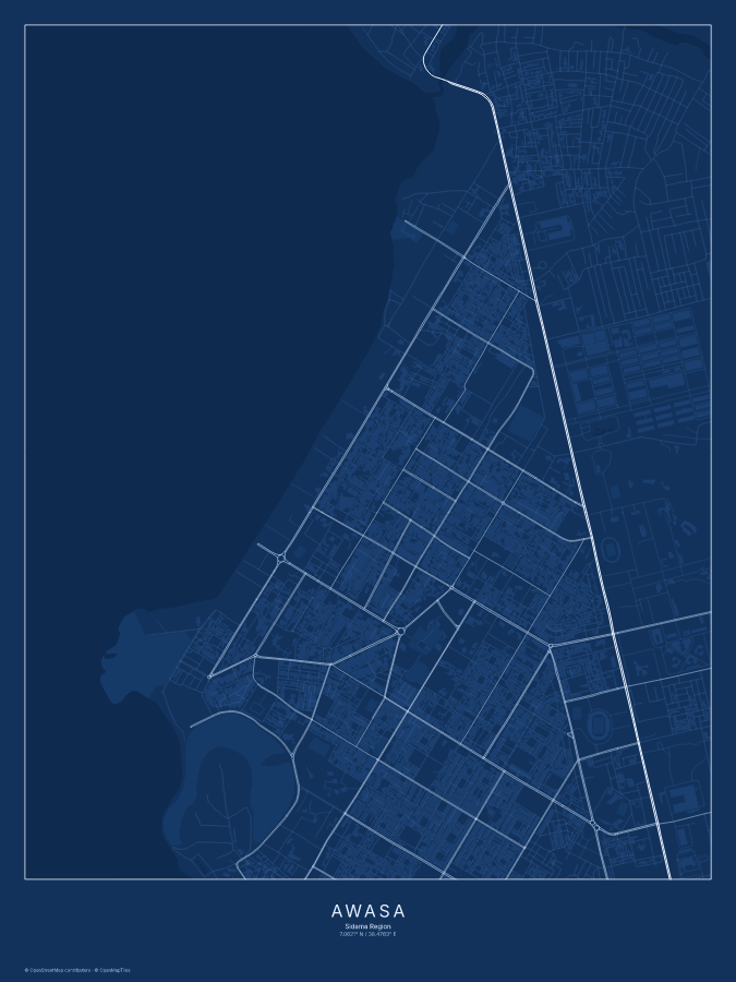 Awasa map poster, blueprint style