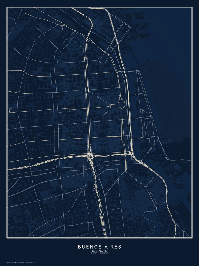 Buenos Aires map poster, midnight style